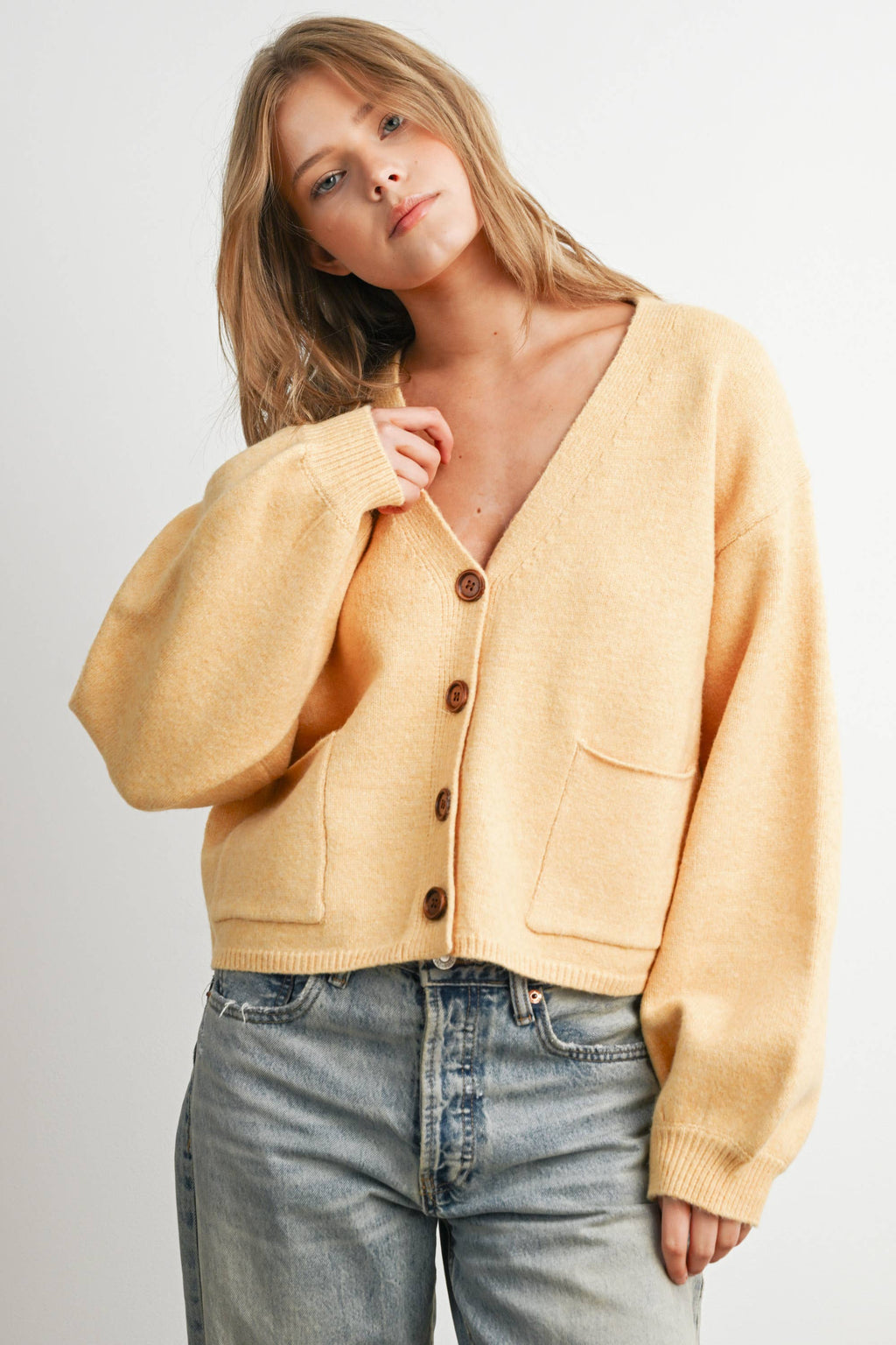 V-Neck Cuff Button-Up Long Sleeve Top - BMC7802: MARIGOLD