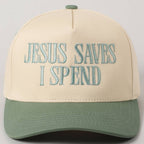 JESUS SAVES I SPEND Embroidery Trucker Hat: SAGE / ONE SIZE