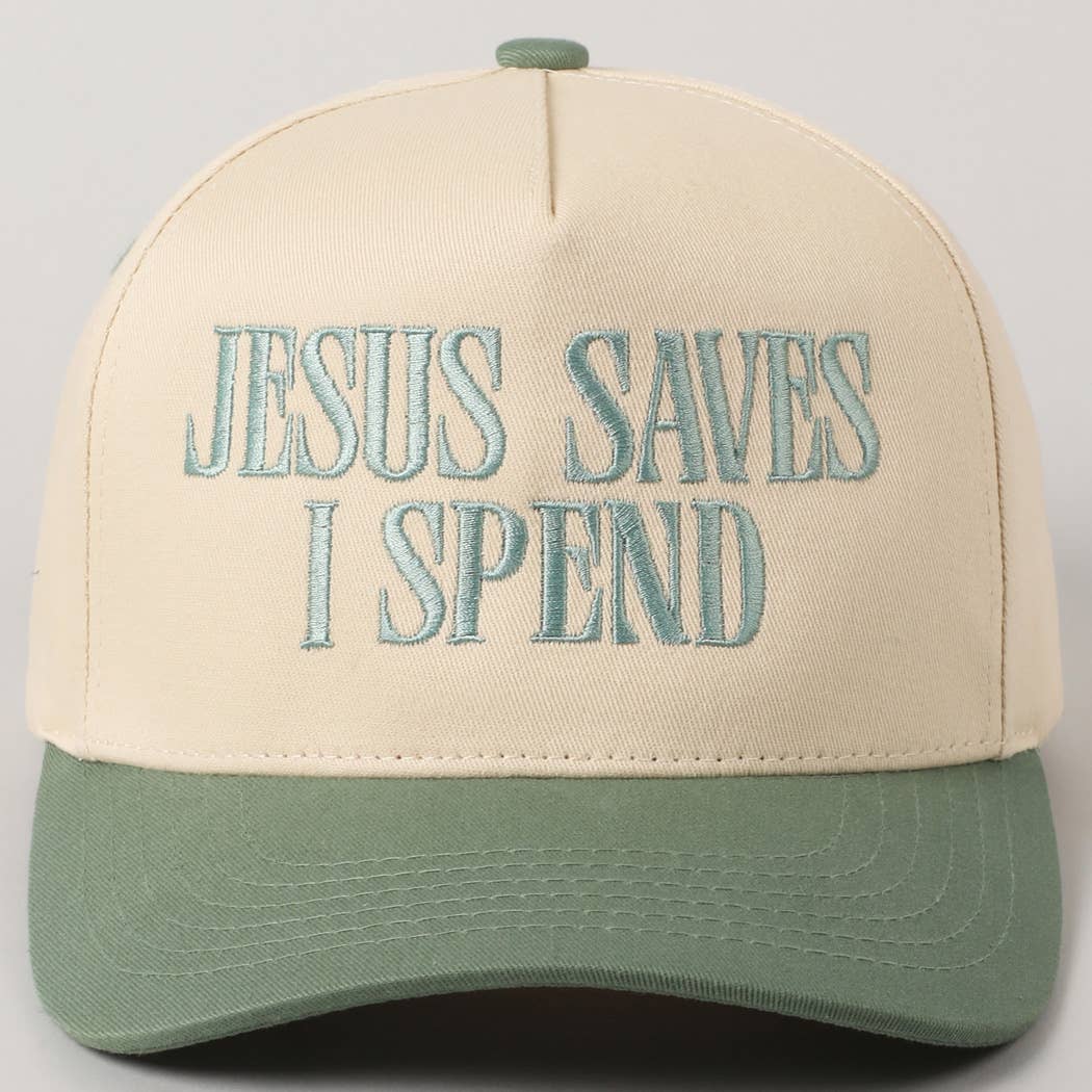 JESUS SAVES I SPEND Embroidery Trucker Hat: SAGE / ONE SIZE