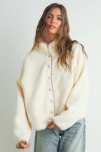 Fall Cozy Snap Mock Neck Sherpa Fleece Jacket - BMJ7547: IVORY / MULTI