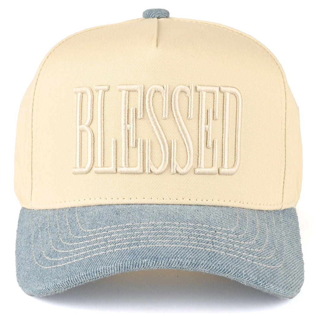 C.C BLESSED Letter Embroidered Two Tone Trucker Cap: Denim
