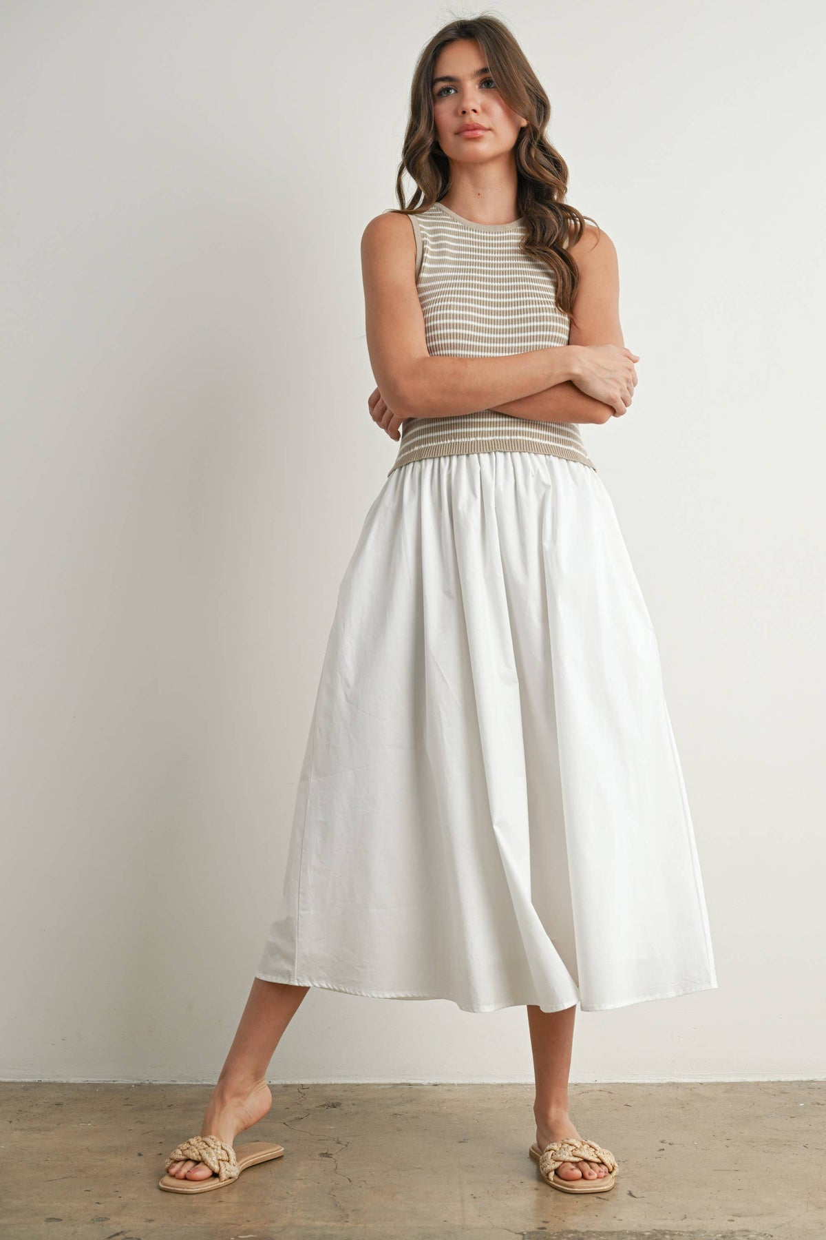 Striped Sleeveless Maxi Dress with Pockets - BMD7594: IVORY / IVORY