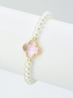 Clover Accent Pearl Stretch Beaded Bracelet
