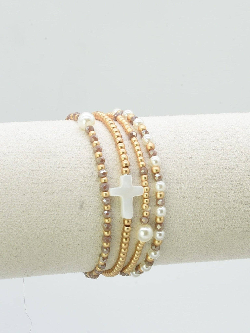 CB2349 4 Piece Glass, Pearl, Cross Bracelet Set: Red