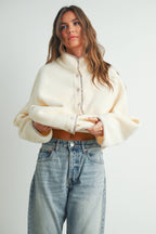 Fall Cozy Snap Mock Neck Sherpa Fleece Jacket - BMJ7547: IVORY / MULTI