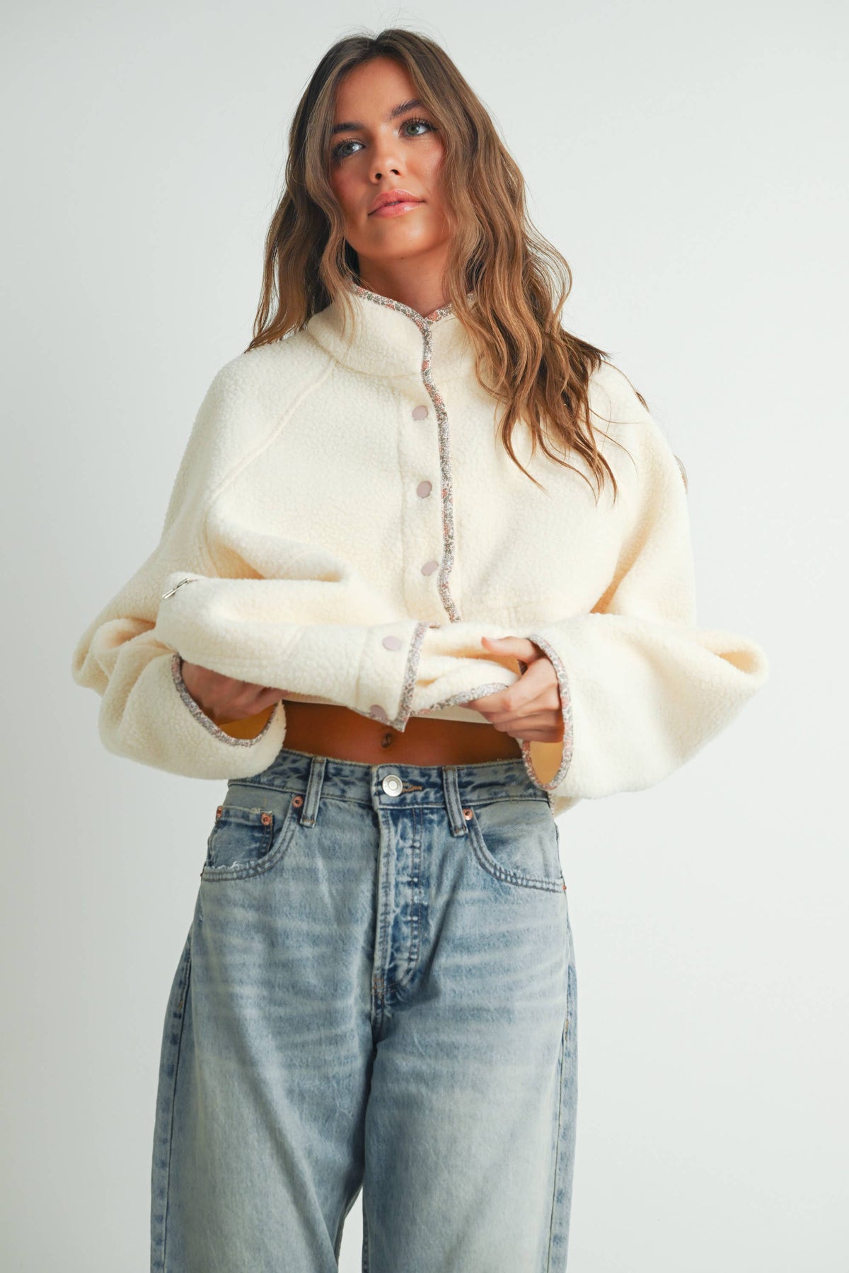Fall Cozy Snap Mock Neck Sherpa Fleece Jacket - BMJ7547: IVORY / MULTI