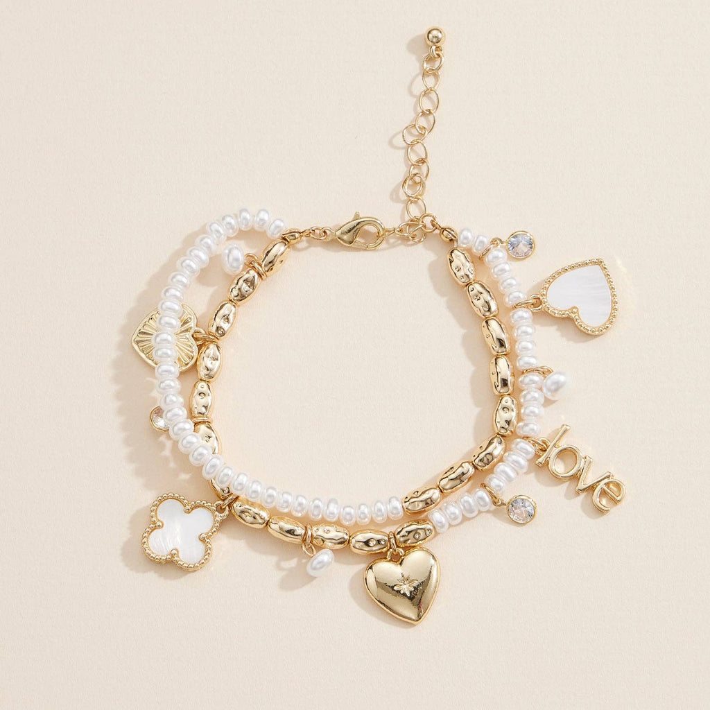 Pearl Charm Layered Bracelet | Heart Clover Love Charms