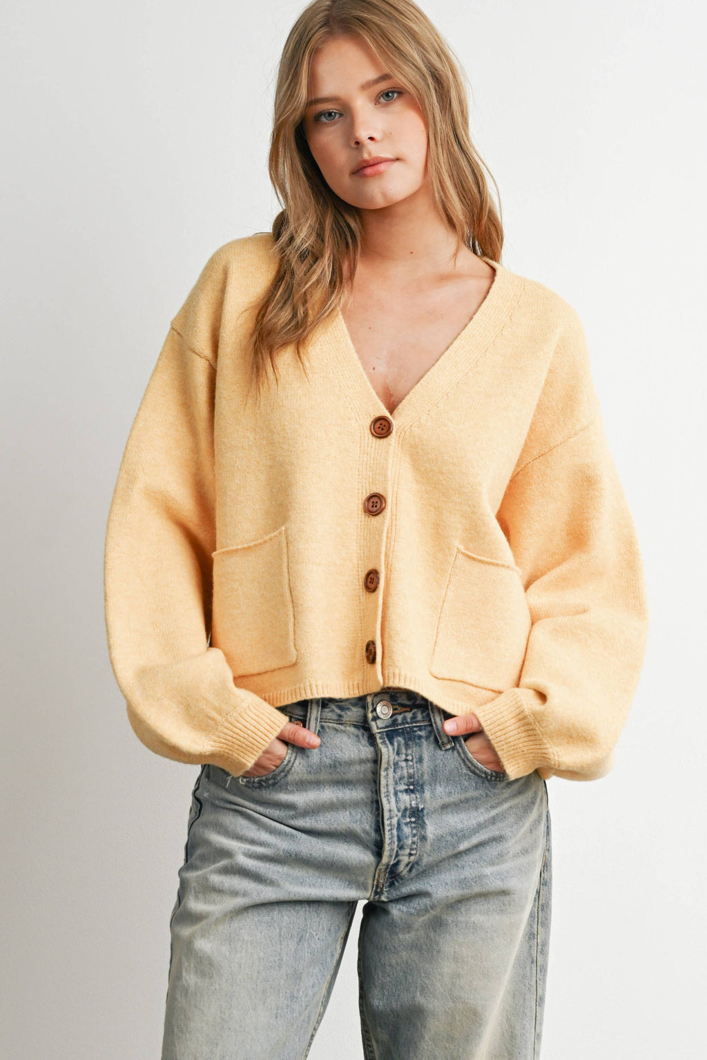 V-Neck Cuff Button-Up Long Sleeve Top - BMC7802: MARIGOLD