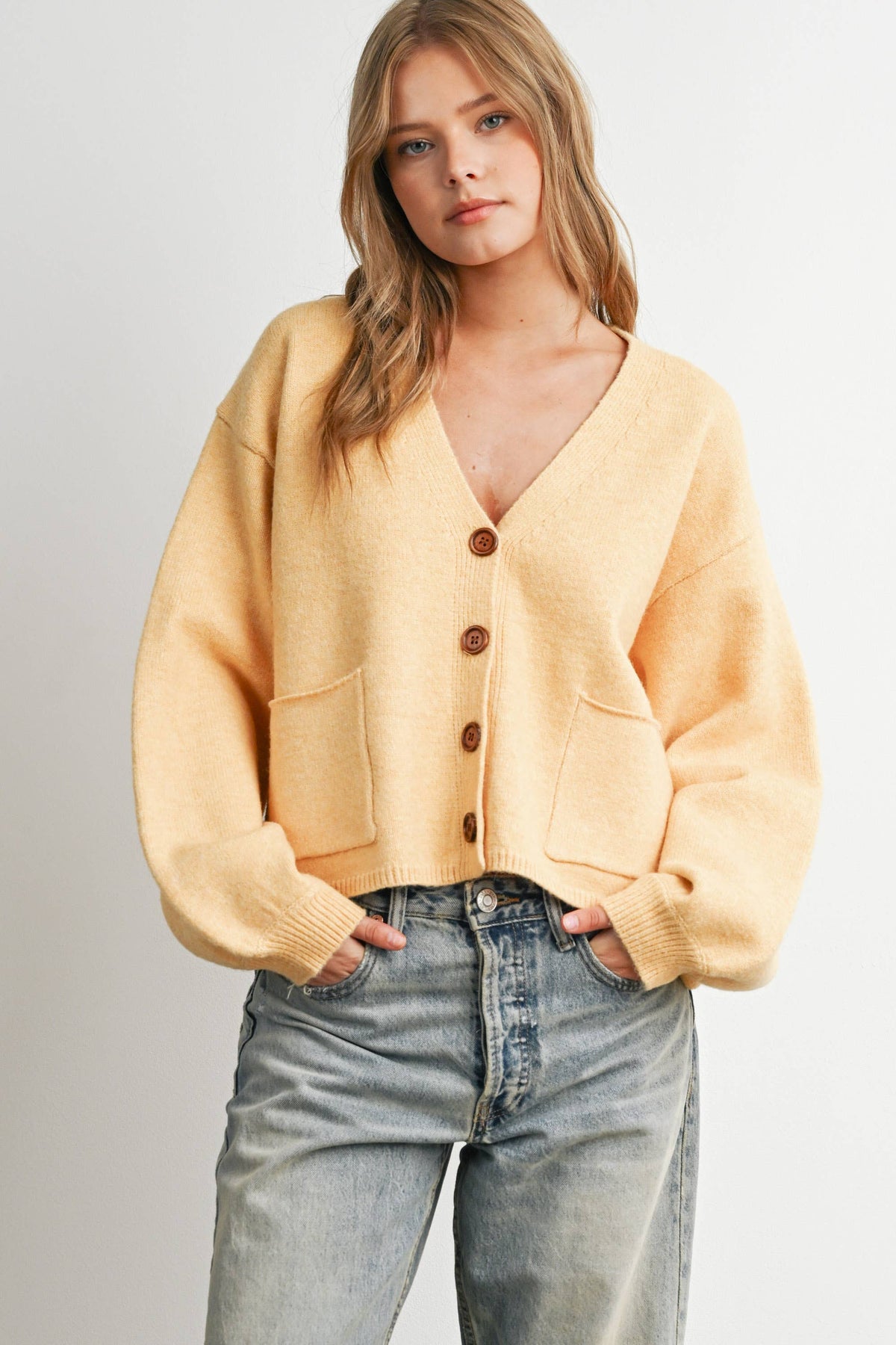 V-Neck Cuff Button-Up Long Sleeve Top - BMC7802: MARIGOLD