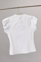 CREW NECK BUBBLE HEM CAP SHORT SLEEVE TOP: OFF WHITE