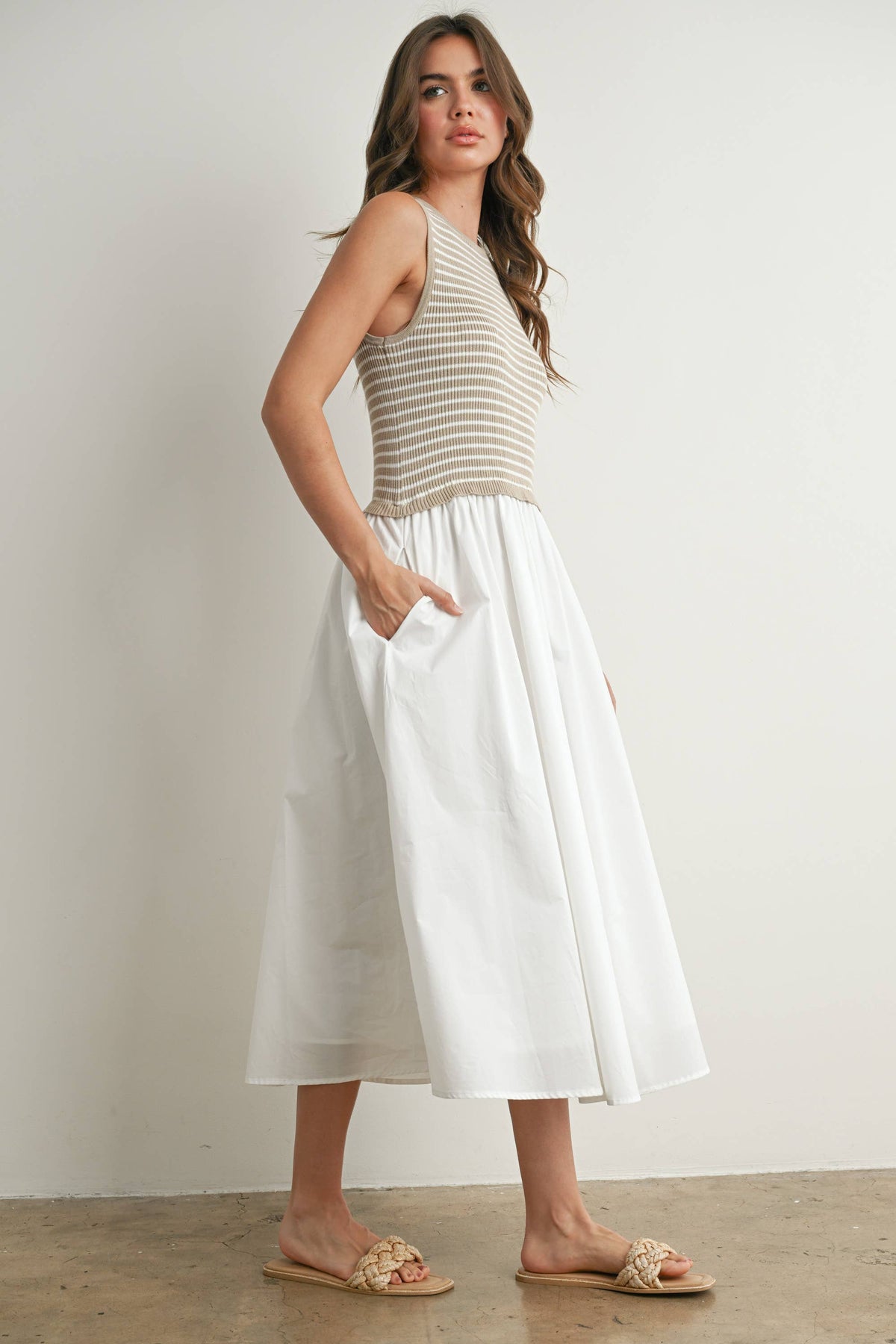 Striped Sleeveless Maxi Dress with Pockets - BMD7594: IVORY / IVORY