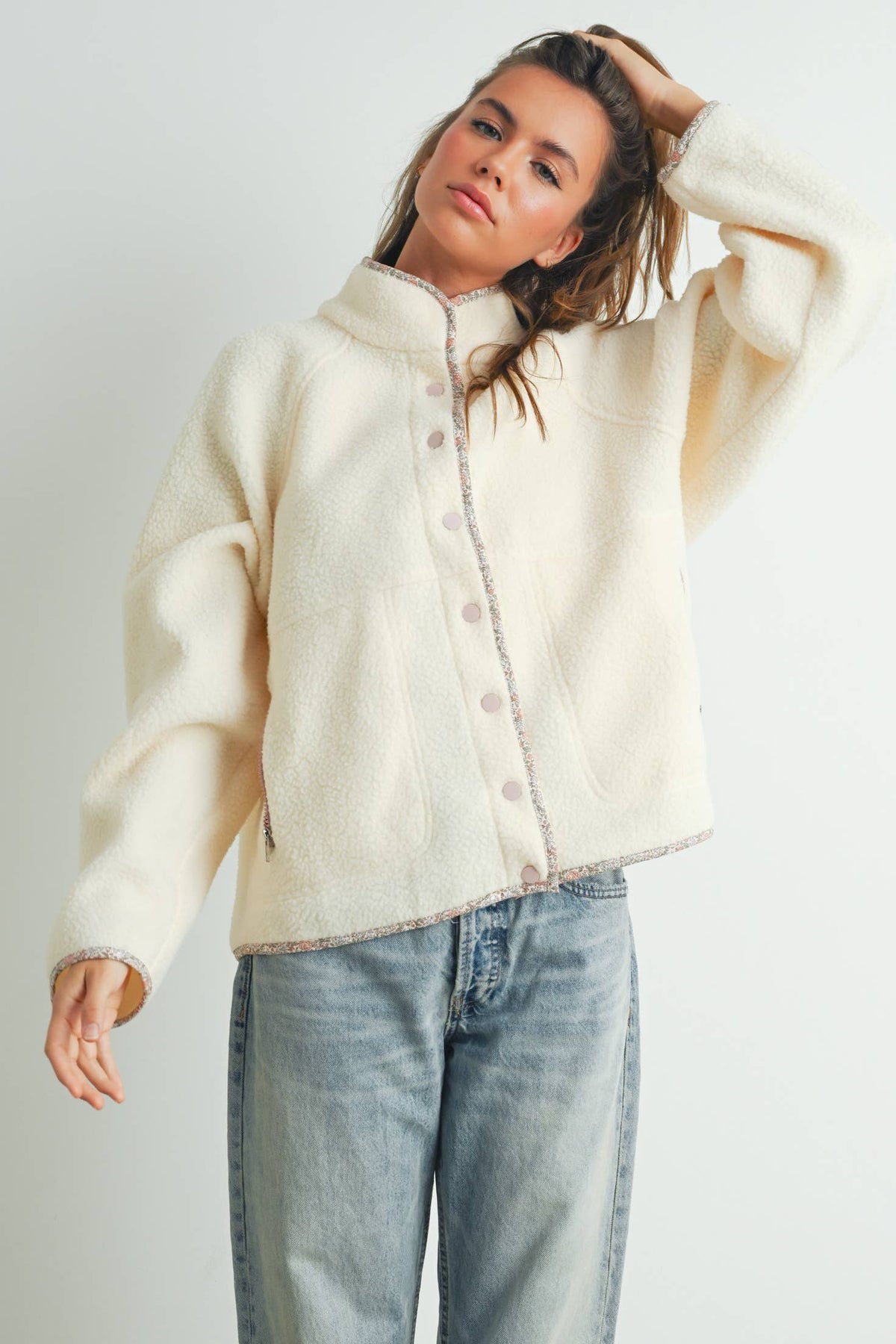 Fall Cozy Snap Mock Neck Sherpa Fleece Jacket - BMJ7547: IVORY / MULTI