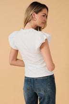 CREW NECK BUBBLE HEM CAP SHORT SLEEVE TOP: OFF WHITE