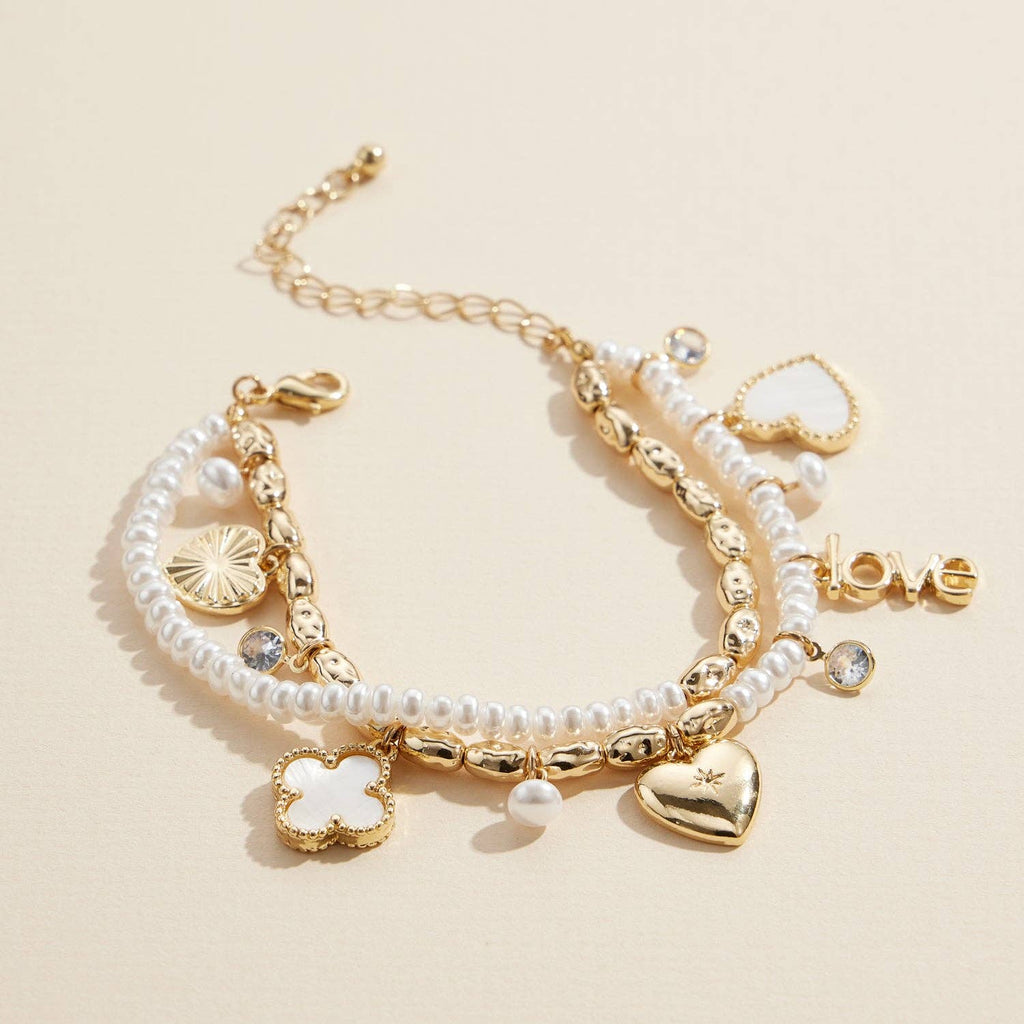 Pearl Charm Layered Bracelet | Heart Clover Love Charms