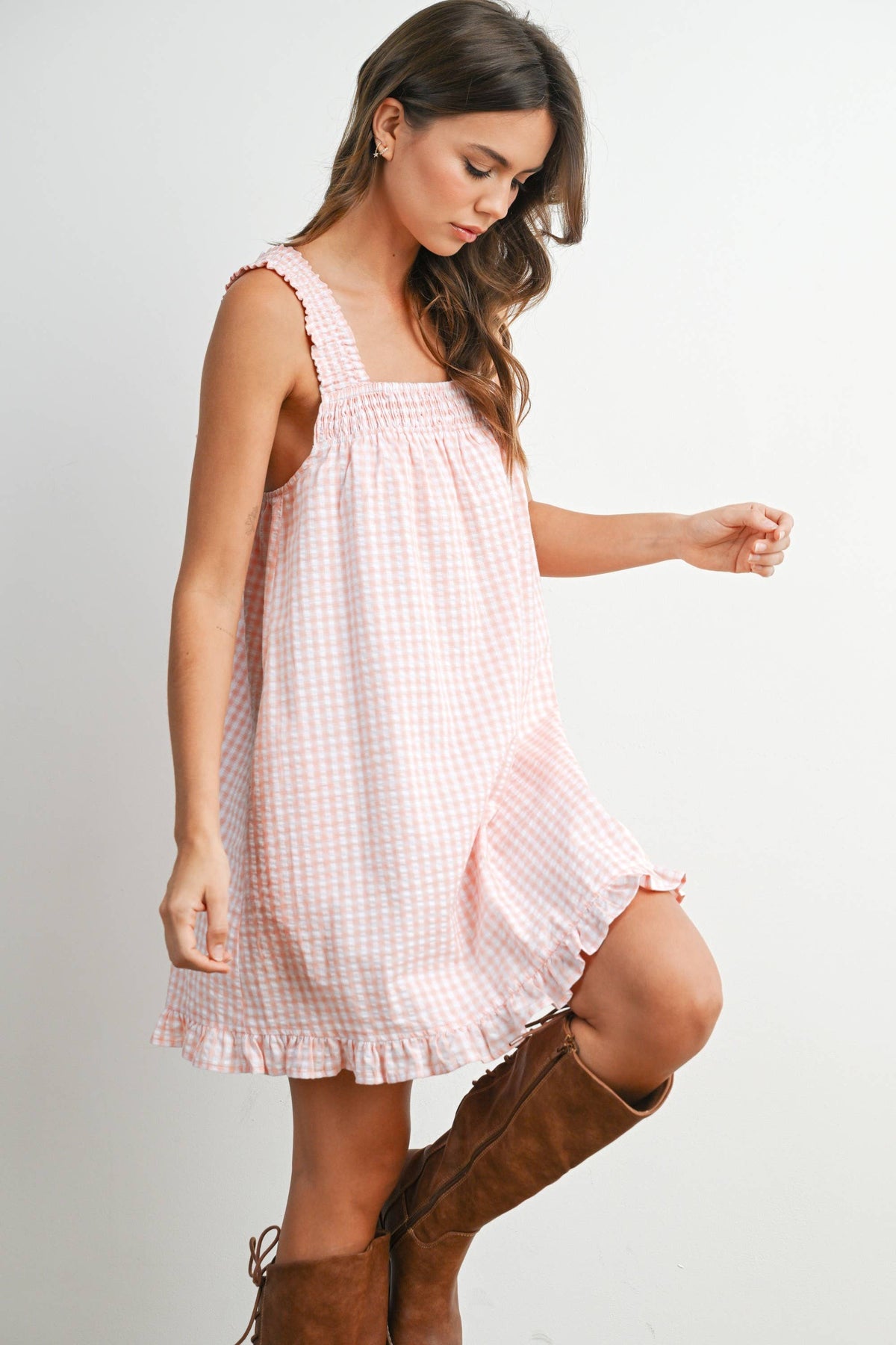 Back-Tie Smocked Yoke Ruffle Hem Dress