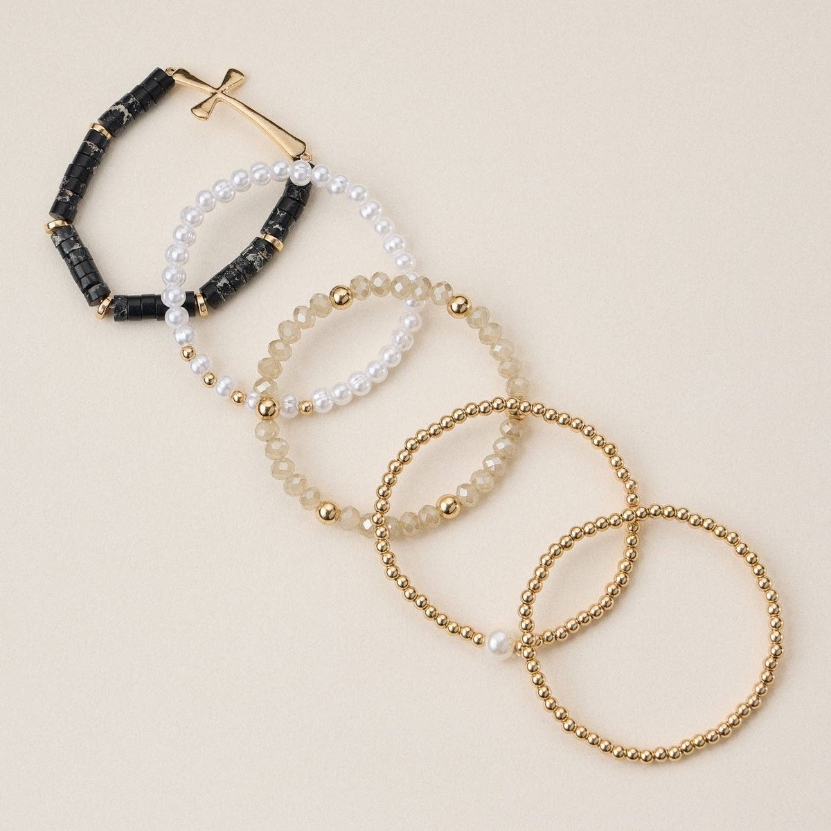 Faith & Cross & Pearl Stretch Bracelet Stack Set
