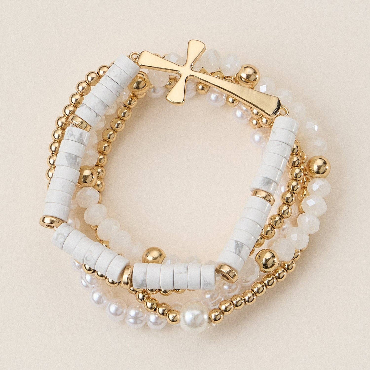 Faith & Cross & Pearl Stretch Bracelet Stack Set