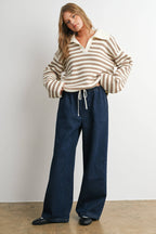 Striped Collared Knit Sweater-BMW8592: IVORY / TAUPE