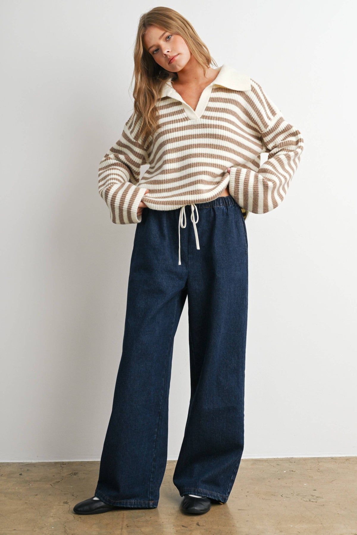 Striped Collared Knit Sweater-BMW8592: IVORY / TAUPE