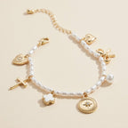 Pearl Charm Bracelet – Cross, Heart, Compass, Clover and Bow Charms With Adjustable Chain: Gold / One / 4SB21004
