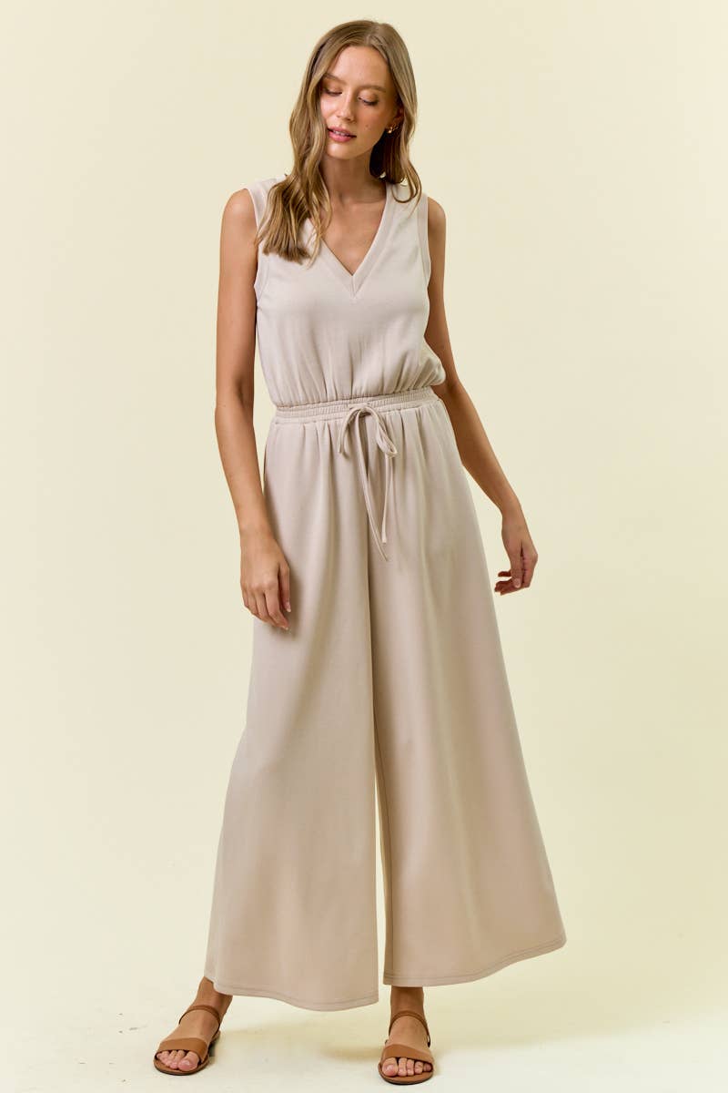 V NECK BRUSHED MODAL WIDE CULOTTE LEG JUMPSUIT - 28087R: OAT