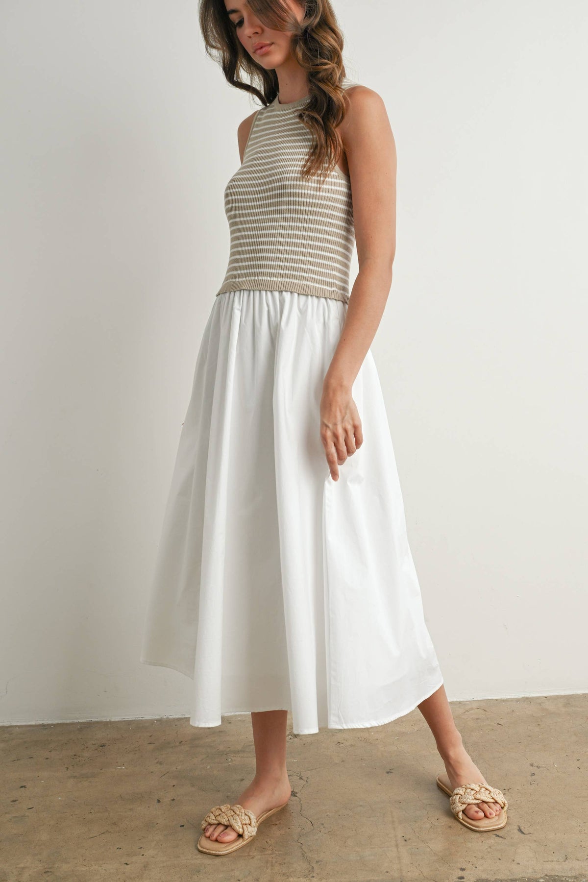 Striped Sleeveless Maxi Dress with Pockets - BMD7594: IVORY / IVORY