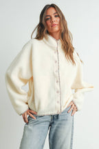 Fall Cozy Snap Mock Neck Sherpa Fleece Jacket - BMJ7547: IVORY / MULTI
