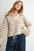 Striped Collared Knit Sweater-BMW8592: IVORY / TAUPE
