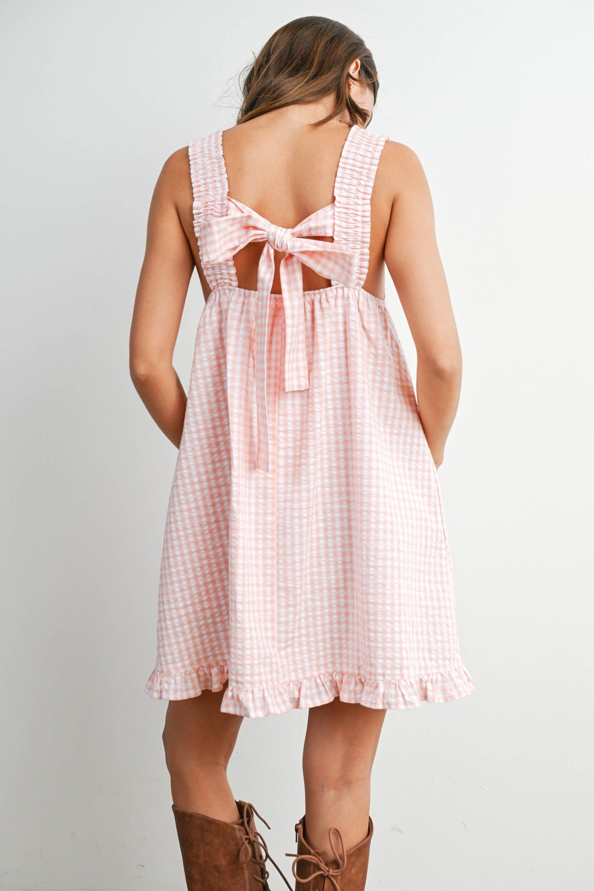 Back-Tie Smocked Yoke Ruffle Hem Dress