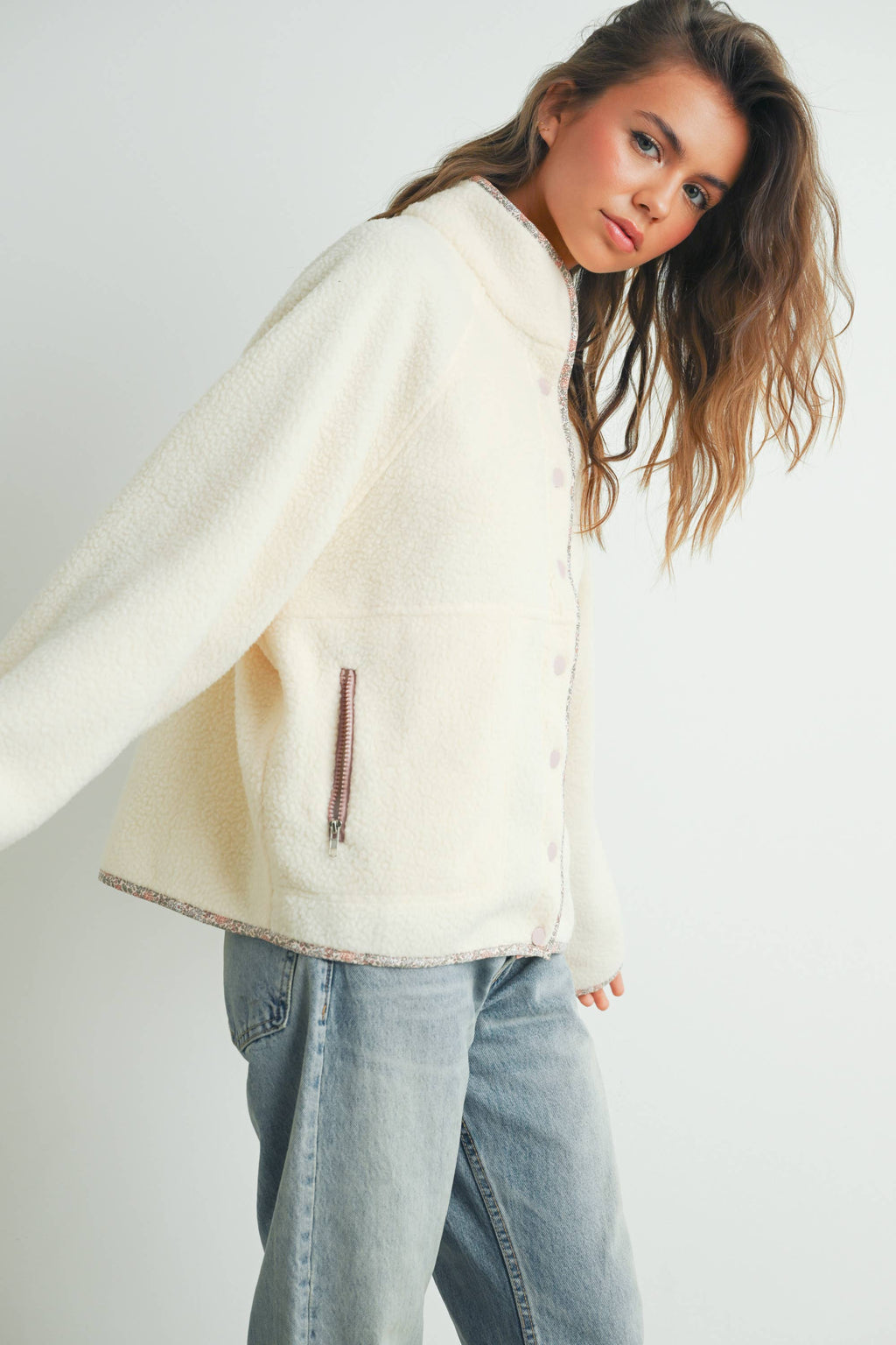 Fall Cozy Snap Mock Neck Sherpa Fleece Jacket - BMJ7547: IVORY / MULTI