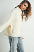 Fall Cozy Snap Mock Neck Sherpa Fleece Jacket - BMJ7547: IVORY / MULTI