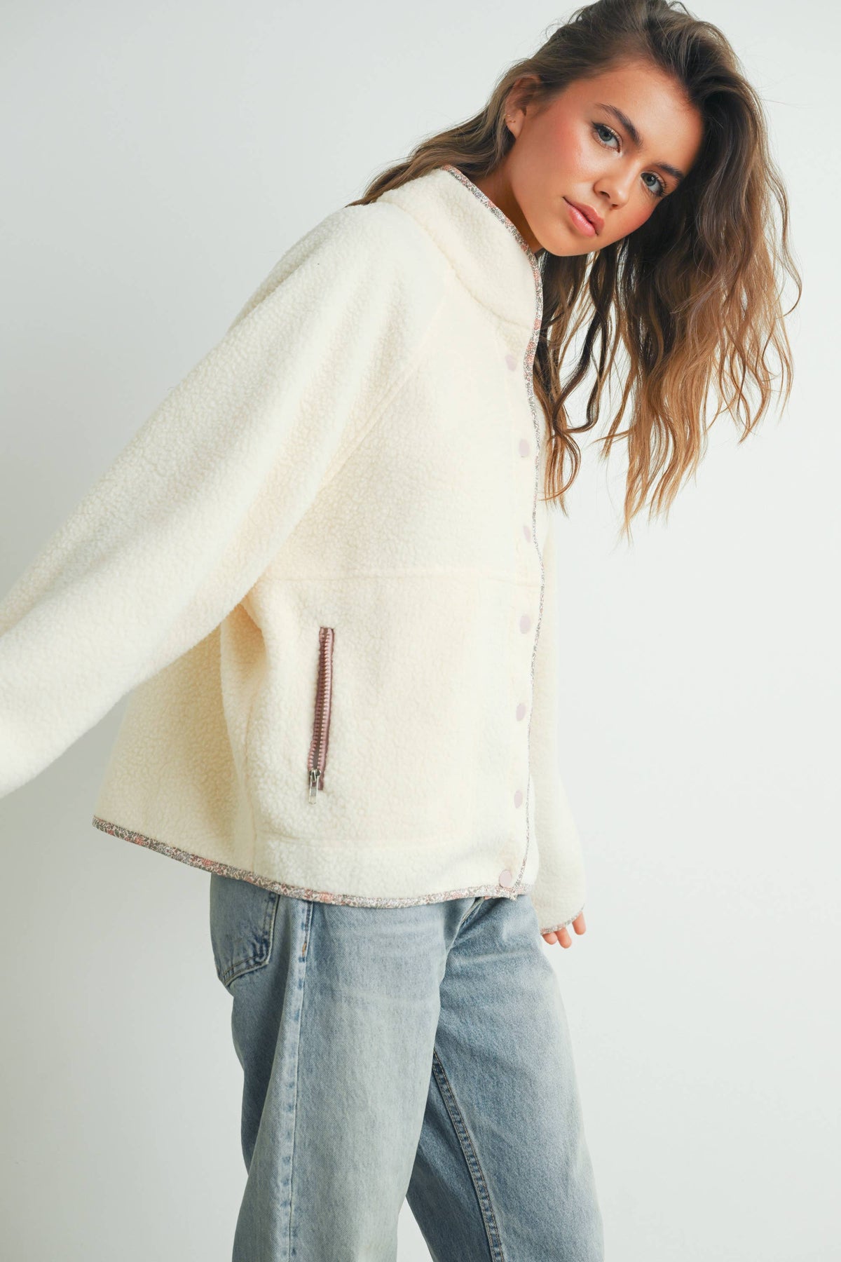 Fall Cozy Snap Mock Neck Sherpa Fleece Jacket - BMJ7547: IVORY / MULTI