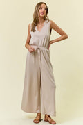 V NECK BRUSHED MODAL WIDE CULOTTE LEG JUMPSUIT - 28087R: OAT