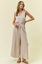 V NECK BRUSHED MODAL WIDE CULOTTE LEG JUMPSUIT - 28087R: OAT